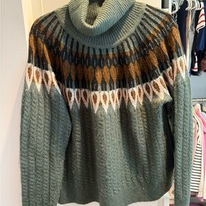 Evereve Fair Isle Green Patterned Turtleneck Sweater